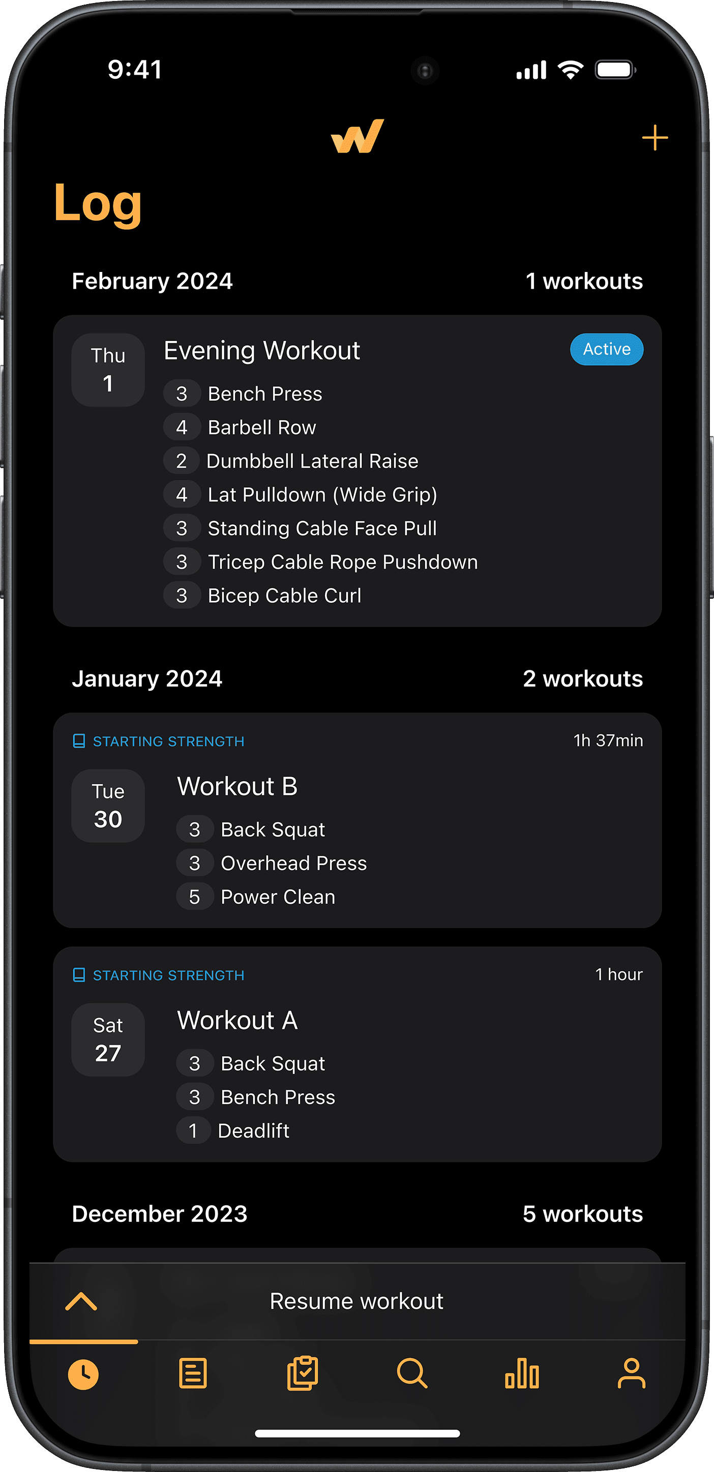 iPhone displaying the Log screen of the Wlogr app, which lists logged workouts.