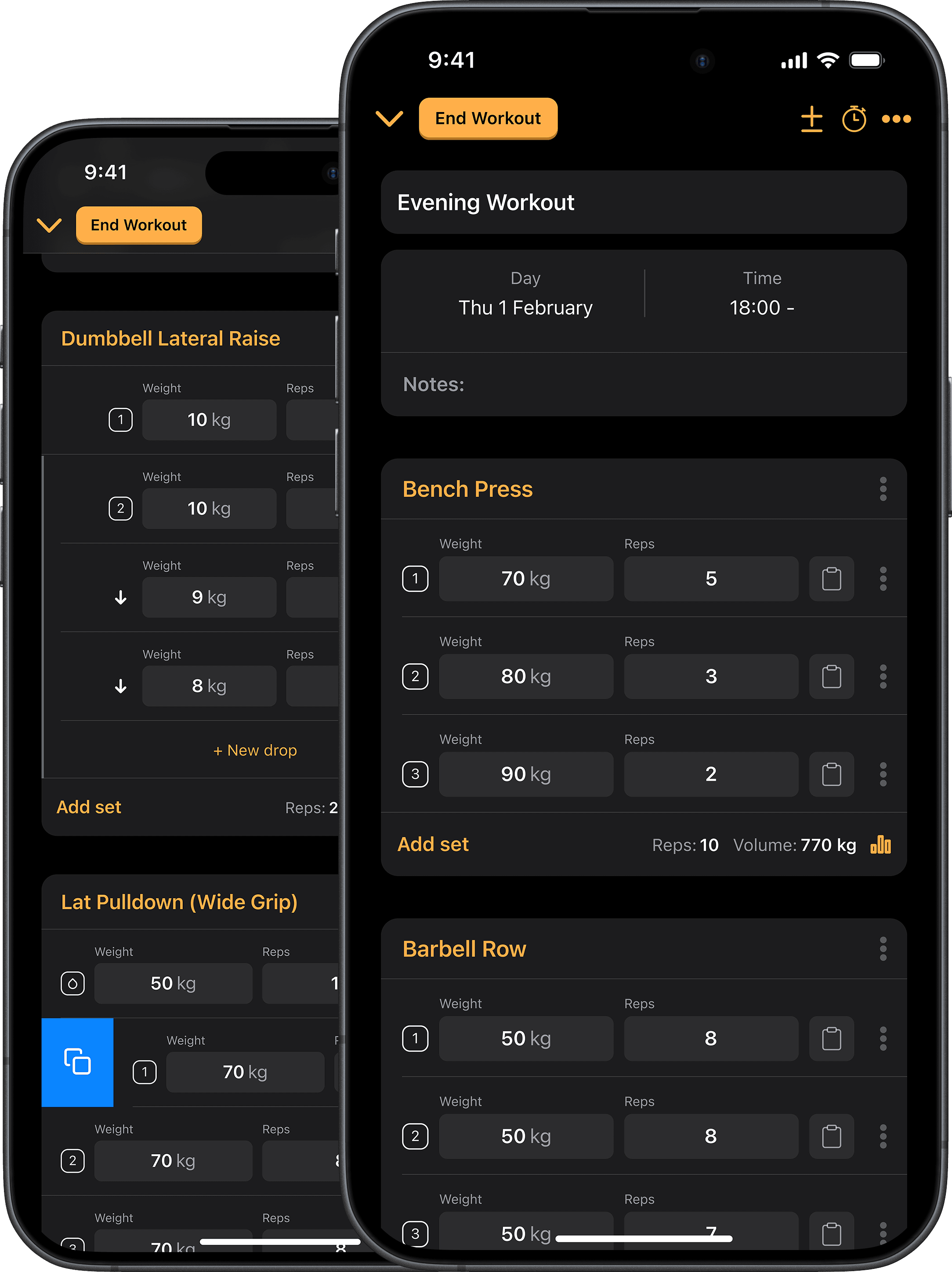 Two iPhones side by side, each displaying the Logged Workout screen in the Wlogr app, which shows logged exercises and their sets.